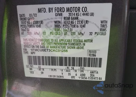 2012 Ford Escape Limited z USA, uszkodzony, nr VIN 1FMCU0E73CKC01256